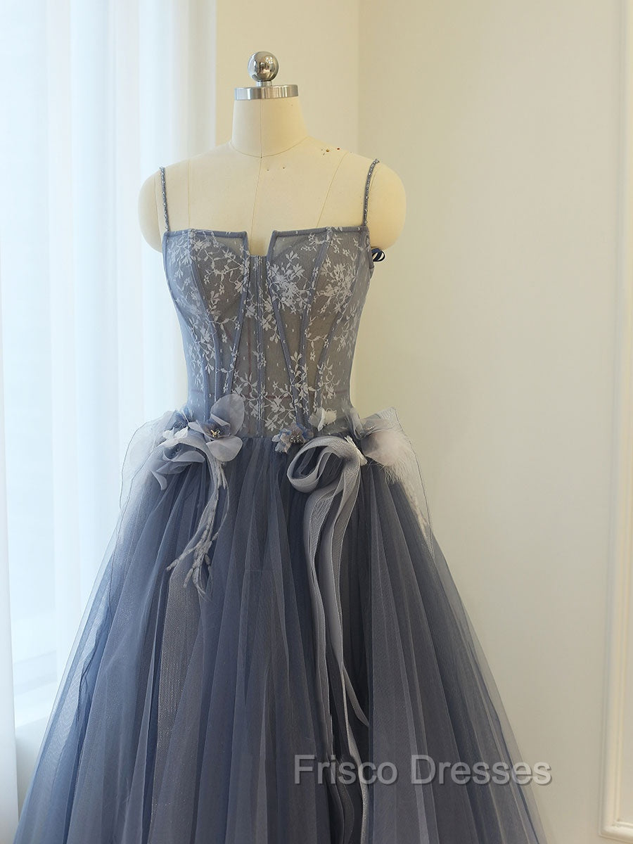 Gray A Line Lace Tulle Long Formal Prom Dress, Gray Formal Evening Dress
