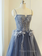 Gray A Line Lace Tulle Long Formal Prom Dress, Gray Formal Evening Dress