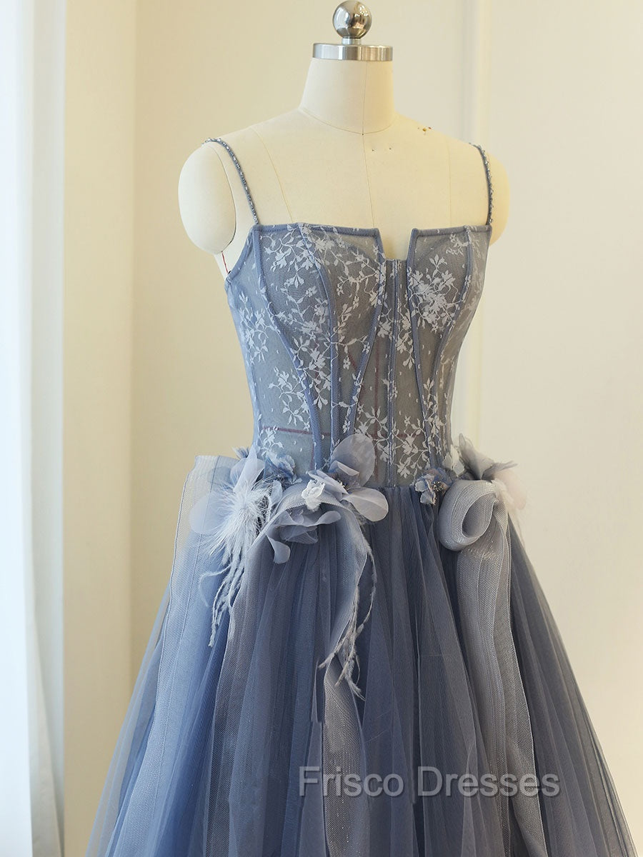 Gray A Line Lace Tulle Long Formal Prom Dress, Gray Formal Evening Dress
