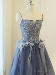 Gray A Line Lace Tulle Long Prom Dress, Gray Formal Evening Dress