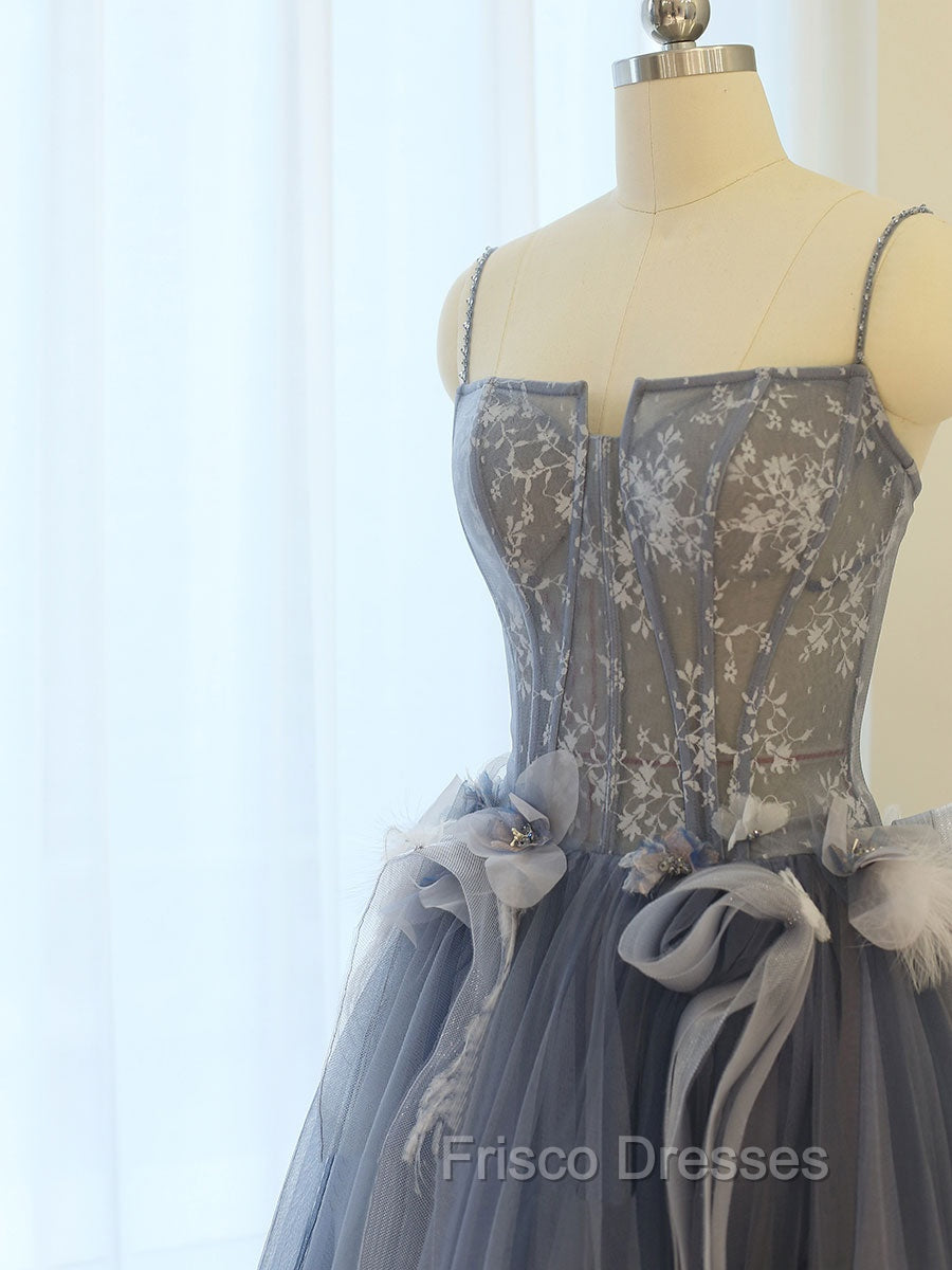 Gray A Line Lace Tulle Long Formal Prom Dress, Gray Formal Evening Dress