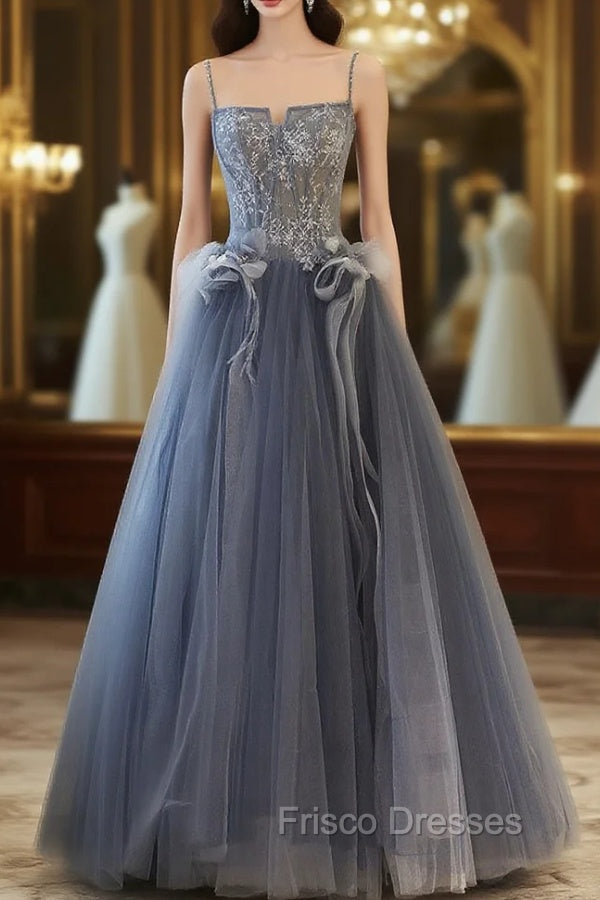 Gray A Line Lace Tulle Long Formal Prom Dress, Gray Formal Evening Dress