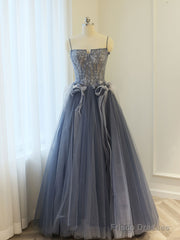 Gray A Line Lace Tulle Long Prom Dress, Gray Formal Evening Dress