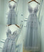 Gray A-Line Lace Tulle Long Formal Prom Dress, Lace Tulle Bridesmaid Dress