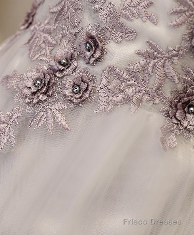 Gray A Line Off Shoulder Tea Length Prom Dress, Lace Homecoming Dress