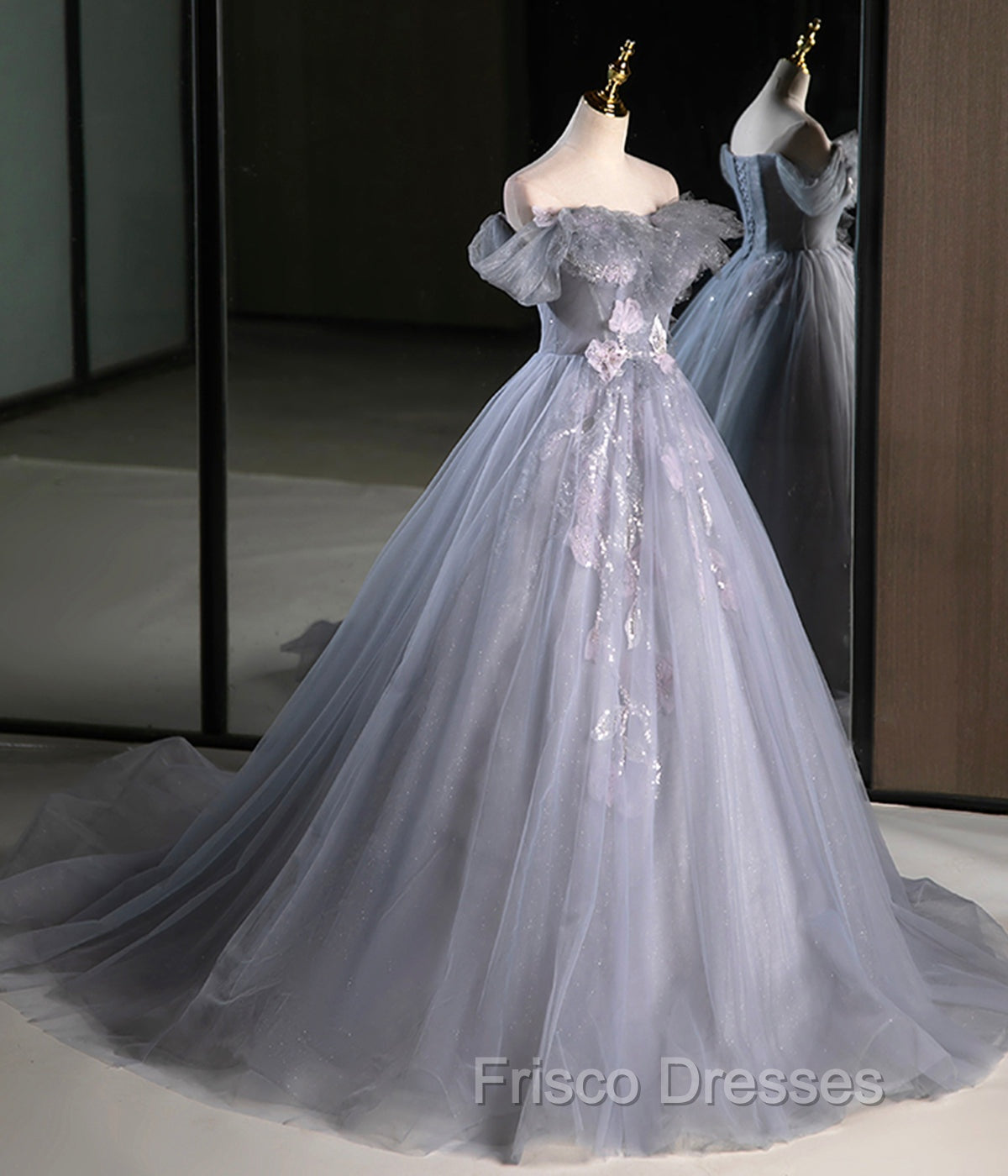 Gray A Line Off the Shoulder Appliques Tulle Long Formal Prom Dress Evening Party Dress Secondary image