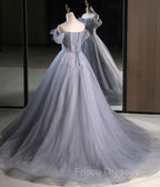 Gray A Line Off the Shoulder Appliques Tulle Long Formal Prom Dress Evening Party Dress