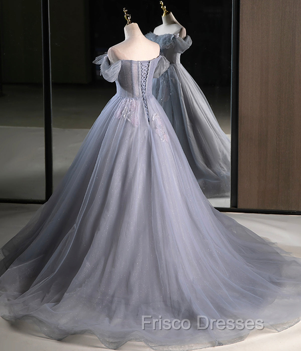 Gray A Line Off the Shoulder Appliques Tulle Long Formal Prom Dress Evening Party Dress