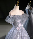 Gray A Line Off the Shoulder Appliques Tulle Long Formal Prom Dress Evening Party Dress