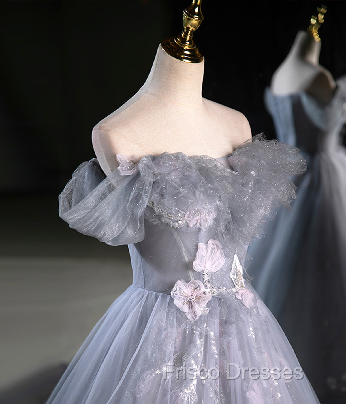 Gray A Line Off the Shoulder Appliques Tulle Long Formal Prom Dress Evening Party Dress