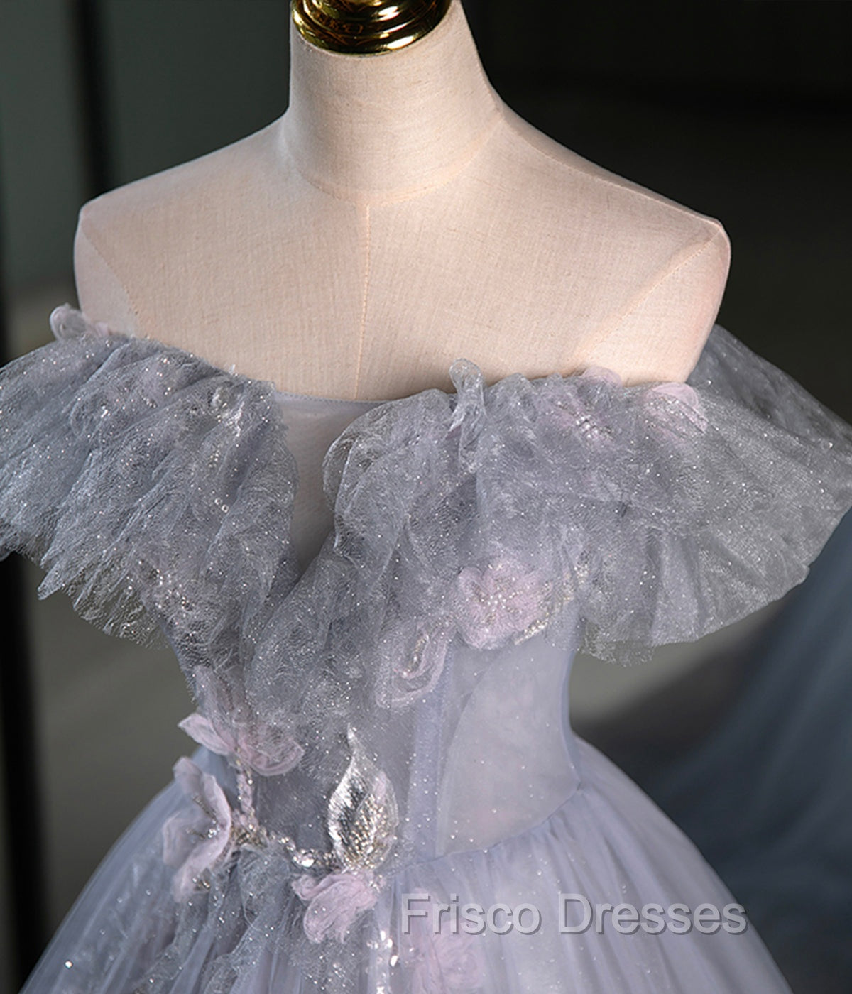 Gray A Line Off the Shoulder Appliques Tulle Long Formal Prom Dress Evening Party Dress