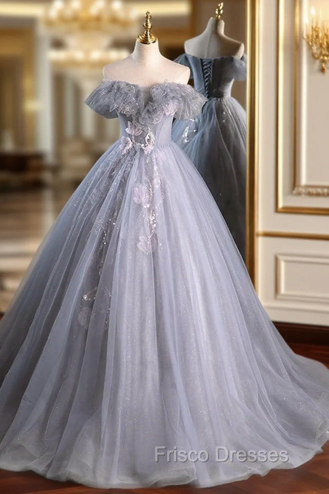 Gray A Line Off the Shoulder Appliques Tulle Long Formal Prom Dress Evening Party Dress Main image