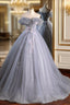 Gray A Line Off the Shoulder Appliques Tulle Long Formal Prom Dress Evening Party Dress
