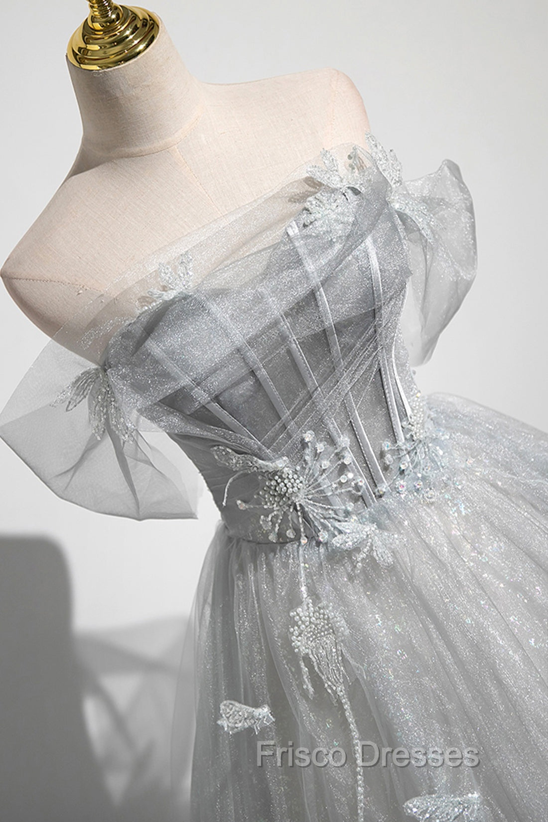 Gray A-Line Off the Shoulder Tulle Formal Prom Dress, Lovely Corset Floor Length Party Dress