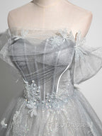 Gray A-Line Off the Shoulder Tulle Formal Prom Dress, Lovely Corset Floor Length Party Dress