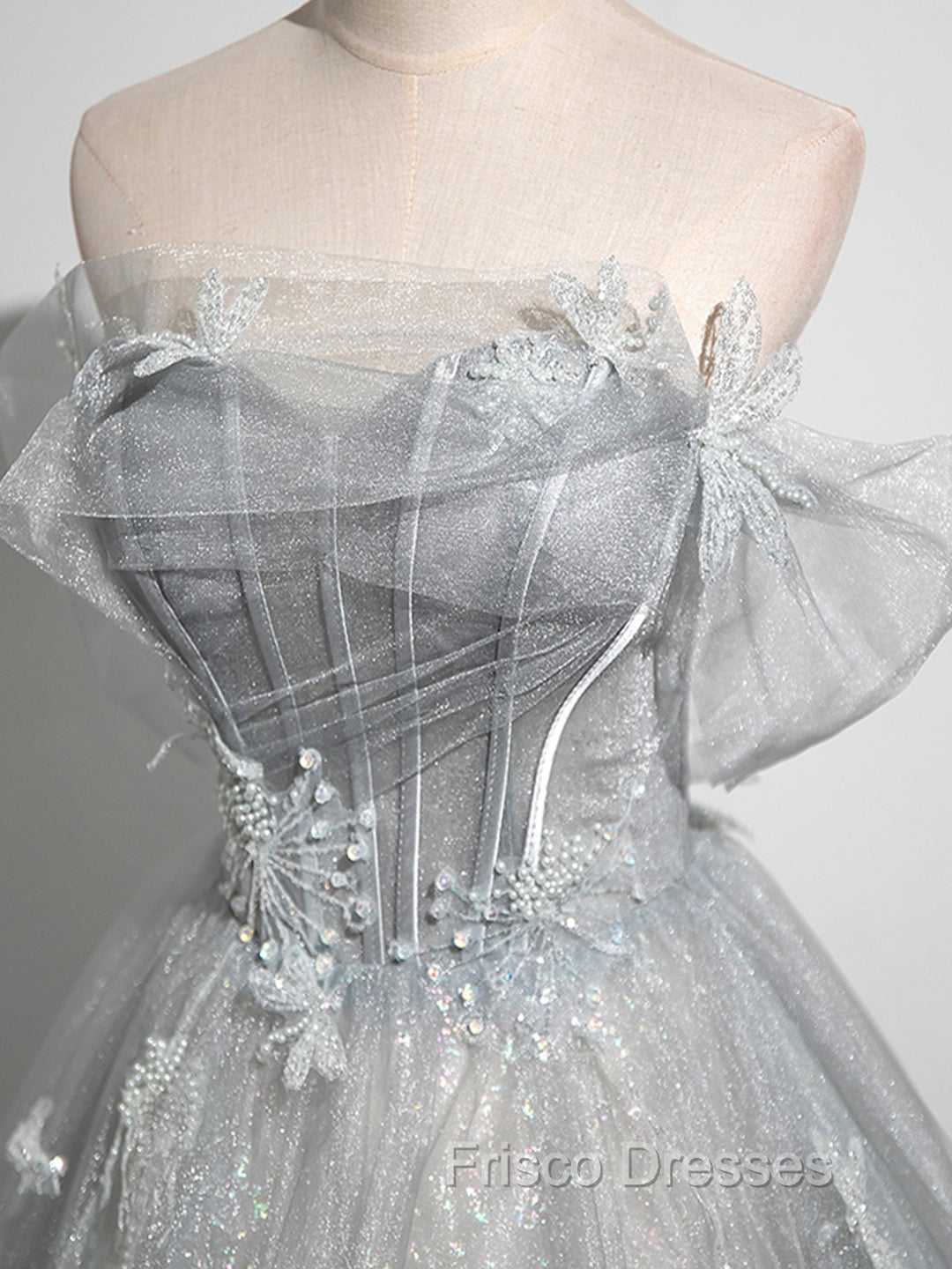 Gray A-Line Off the Shoulder Tulle Formal Prom Dress, Lovely Corset Floor Length Party Dress