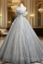 Gray A-Line Off the Shoulder Tulle Formal Prom Dress, Lovely Corset Floor Length Party Dress