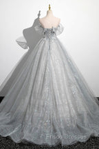 Gray A-Line Off the Shoulder Tulle Formal Prom Dress, Lovely Corset Floor Length Party Dress