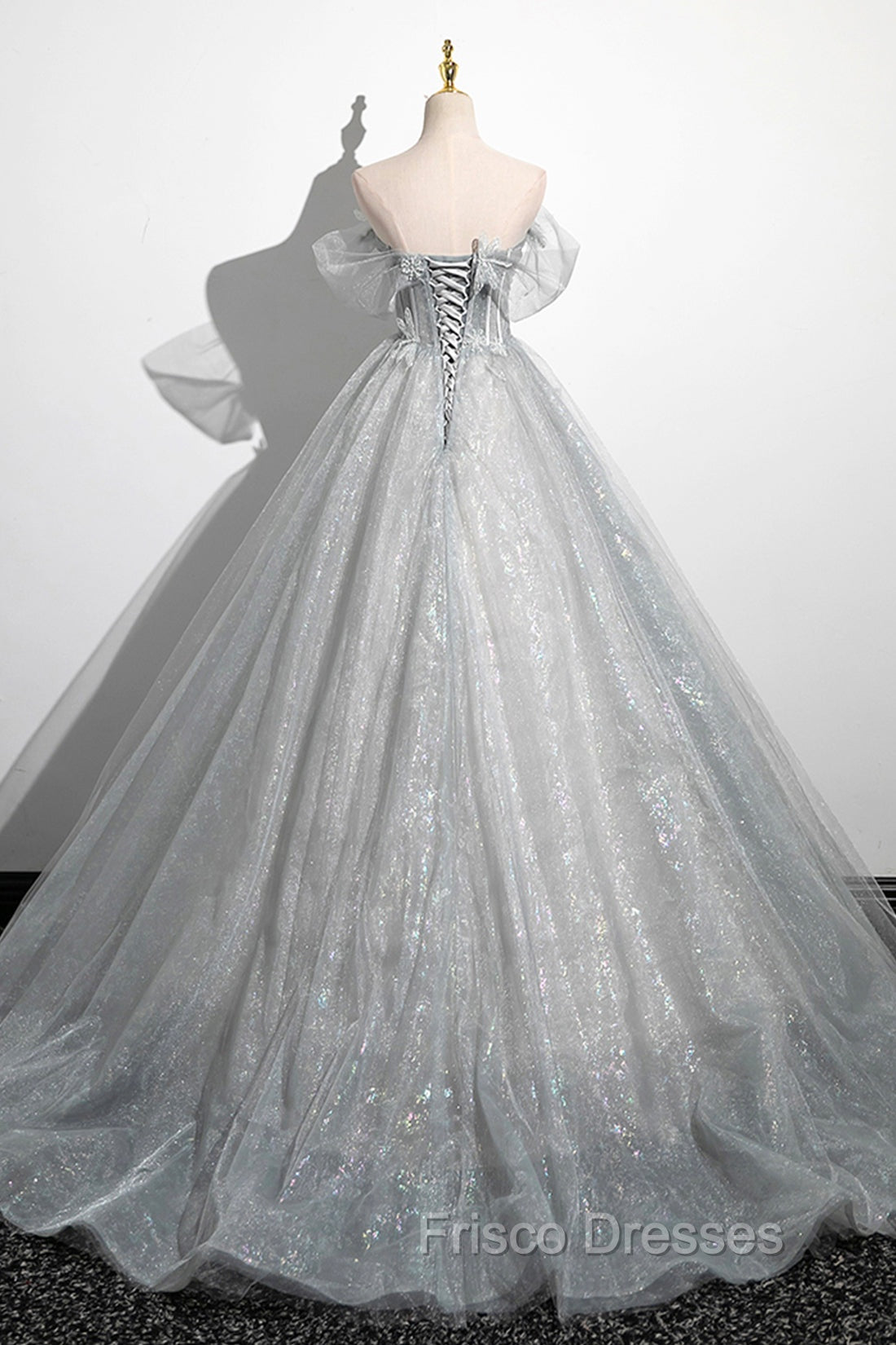 Gray A-Line Off the Shoulder Tulle Formal Prom Dress, Lovely Corset Floor Length Party Dress