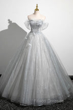 Gray A-Line Off the Shoulder Tulle Formal Prom Dress, Lovely Corset Floor Length Party Dress