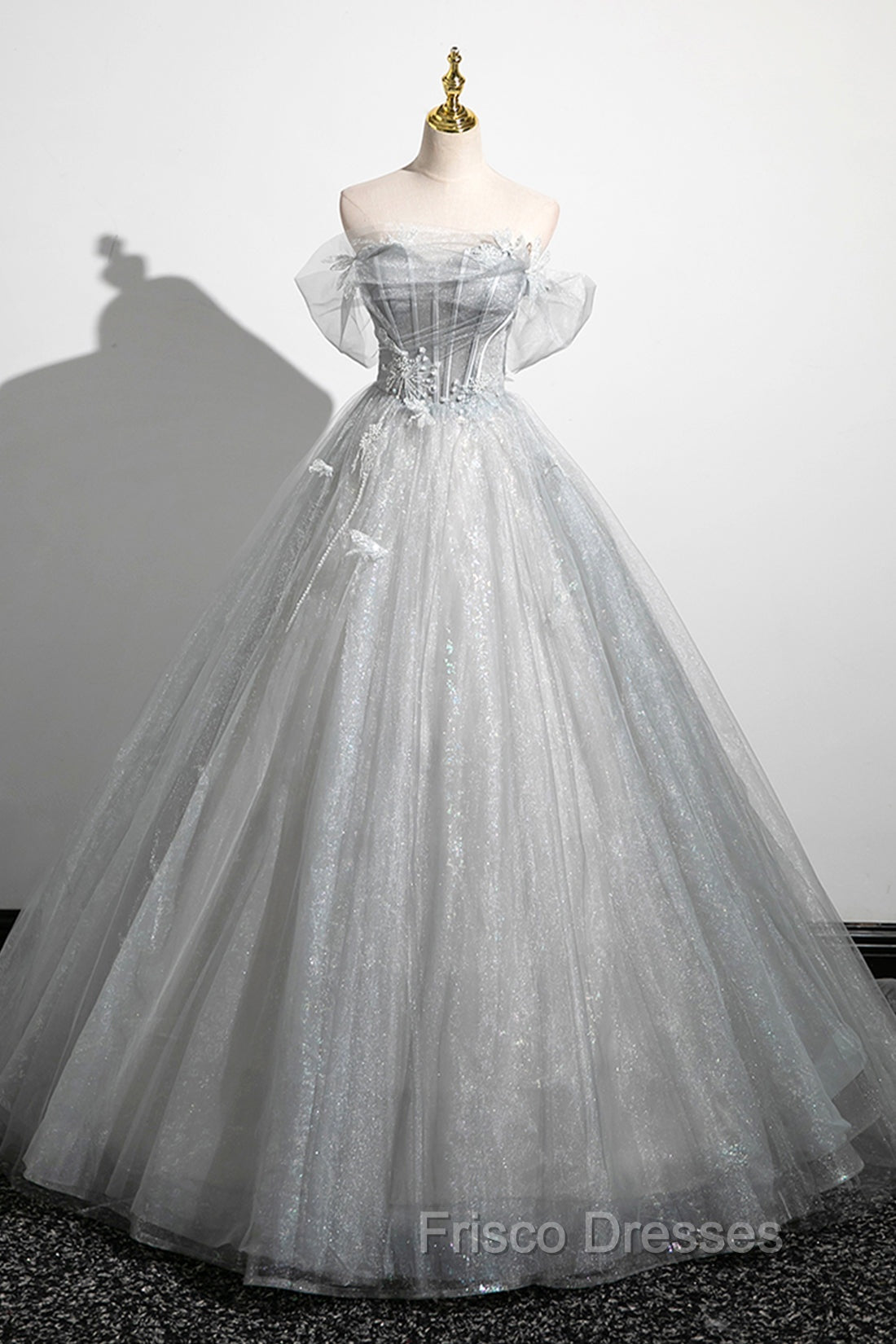 Gray A-Line Off the Shoulder Tulle Formal Prom Dress, Lovely Corset Floor Length Party Dress