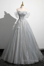 Gray A-Line Off the Shoulder Tulle Formal Prom Dress, Lovely Corset Floor Length Party Dress