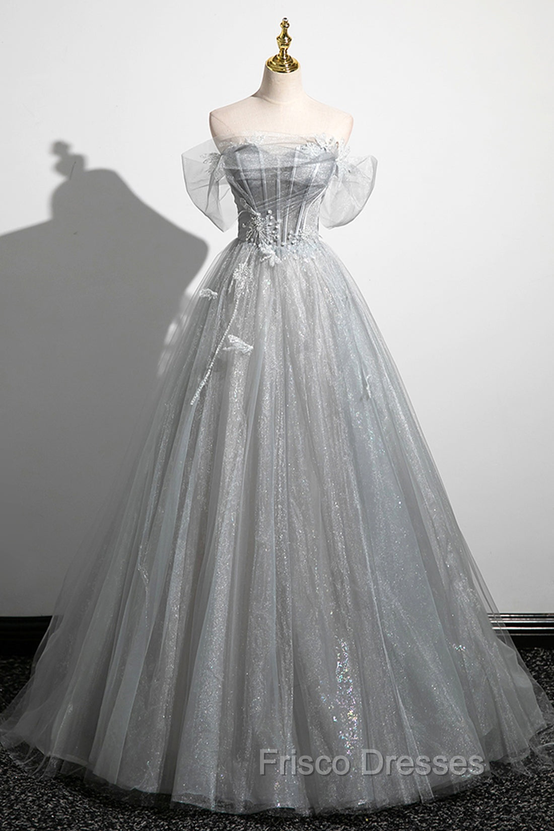 Gray A-Line Off the Shoulder Tulle Formal Prom Dress, Lovely Corset Floor Length Party Dress