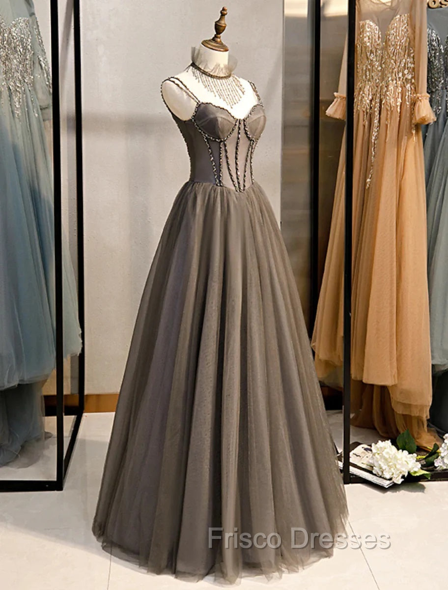 Gray A-Line Formal Prom Dress Open Back Dress Formal Wedding Party Floor Length Sleeveless Spaghetti Strap Tulle with Pleats Crystals Secondary image