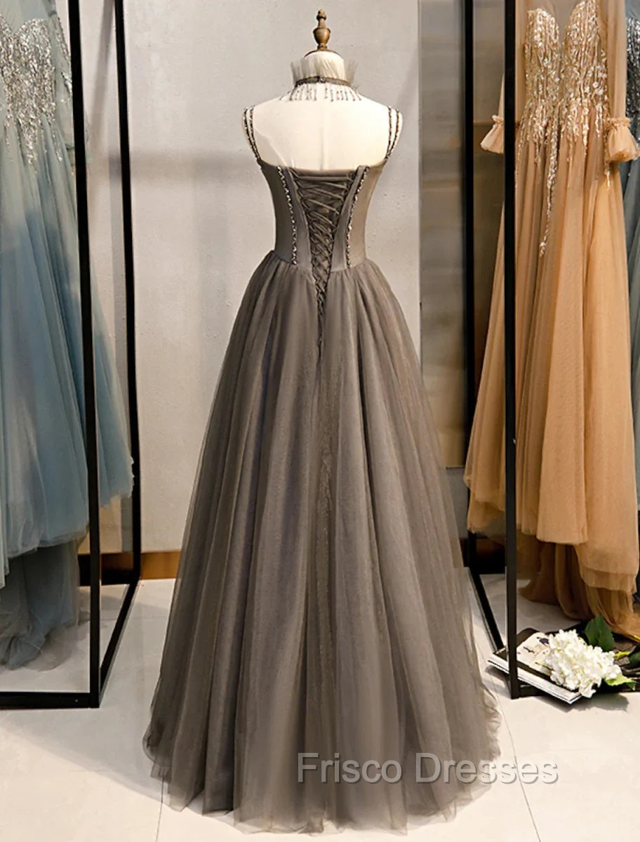 Gray A-Line Formal Prom Dress Open Back Dress Formal Wedding Party Floor Length Sleeveless Spaghetti Strap Tulle with Pleats Crystals