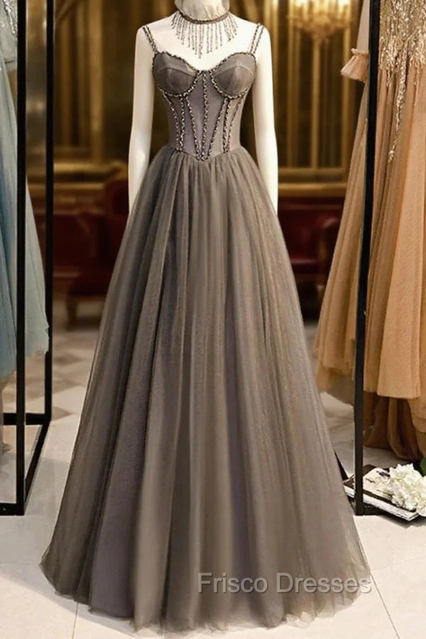 Gray A-Line Formal Prom Dress Open Back Dress Formal Wedding Party Floor Length Sleeveless Spaghetti Strap Tulle with Pleats Crystals Main image