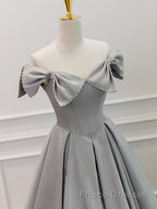 Gray A-Line Satin Long Formal Prom Dresses, Gray Formal Evening Dresses
