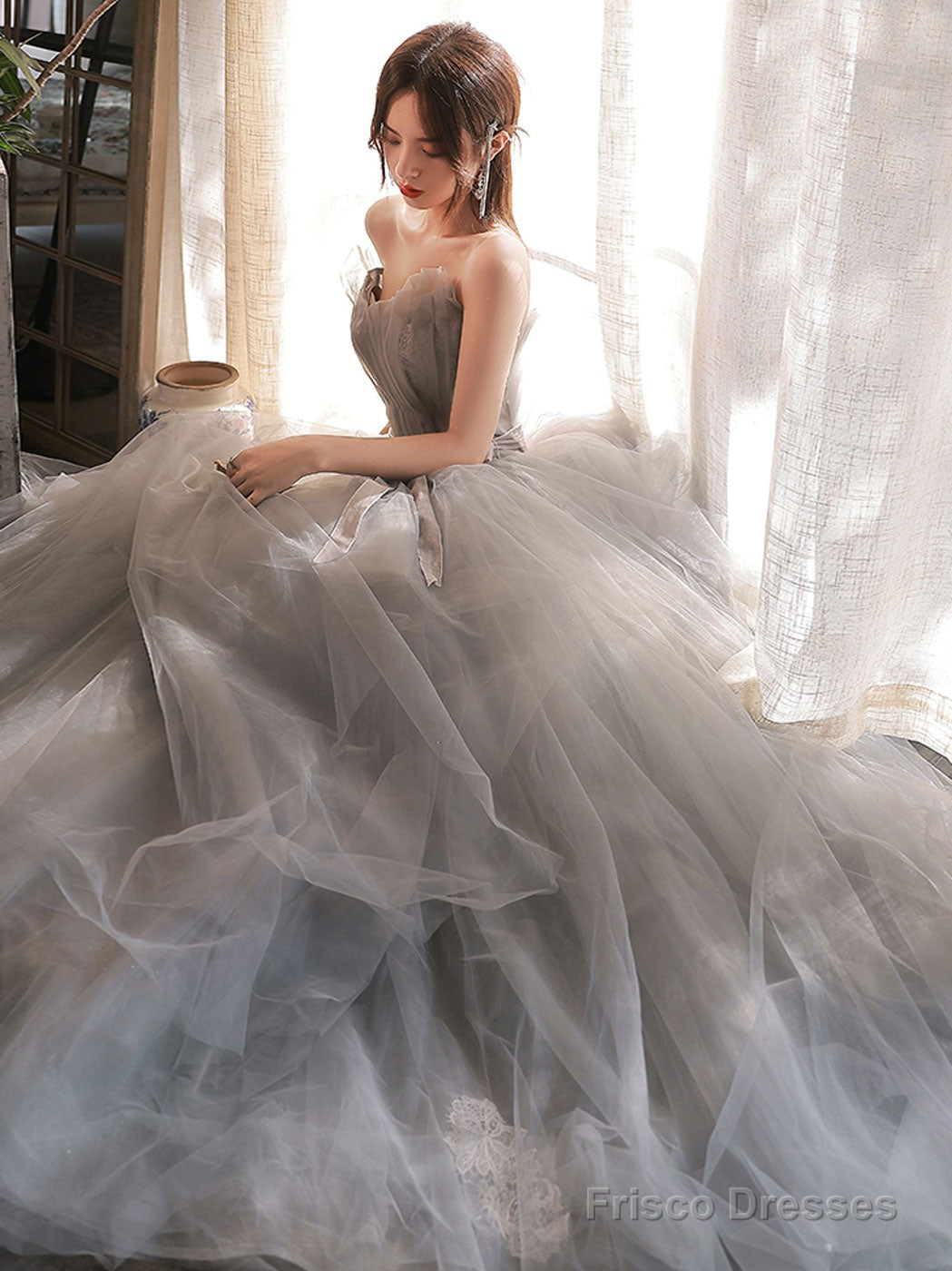 Gray A Line Tulle Lace Long Prom Dress Gray Formal Dress Secondary image