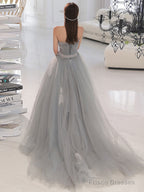 Gray A Line Tulle Lace Long Prom Dress Gray Formal Dress