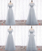 Gray A line Tulle Long Formal Prom Dress, Gray Formal Bridesmaid Dress