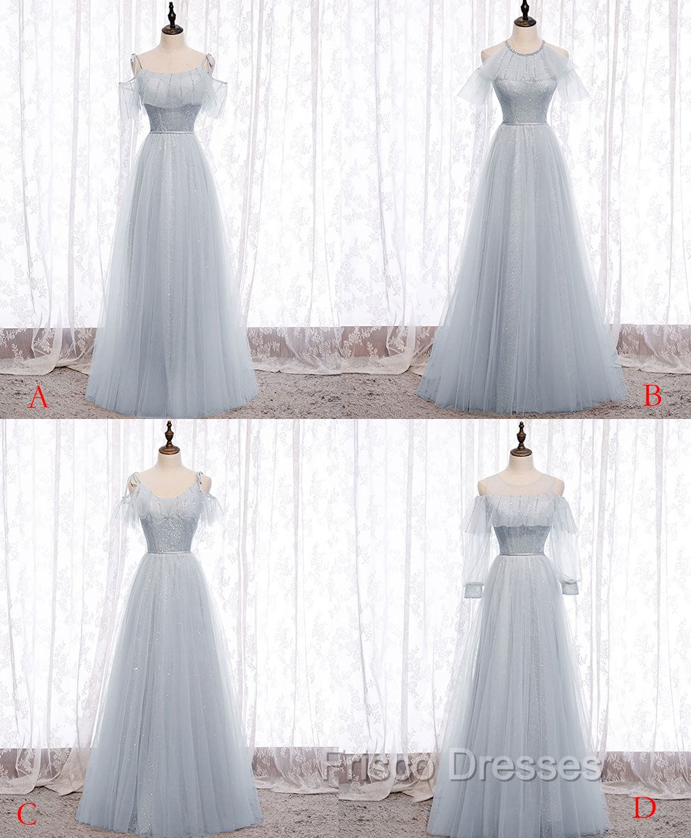 Gray A line Tulle Long Formal Prom Dress, Gray Formal Bridesmaid Dress