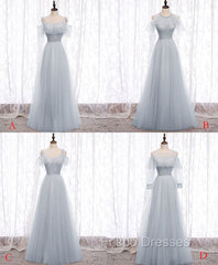 Gray A line Tulle Long Formal Prom Dress, Gray Formal Bridesmaid Dress