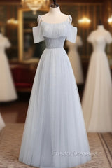 Gray A line Tulle Long Formal Prom Dress, Gray Formal Bridesmaid Dress