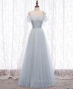 Gray A line Tulle Long Formal Prom Dress, Gray Formal Bridesmaid Dress