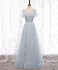 Gray A line Tulle Long Formal Prom Dress, Gray Formal Bridesmaid Dress