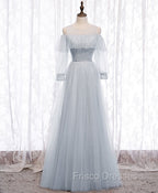Gray A line Tulle Long Formal Prom Dress, Gray Formal Bridesmaid Dress