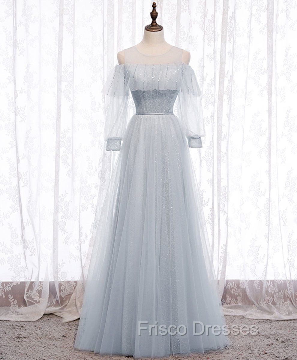 Gray A line Tulle Long Formal Prom Dress, Gray Formal Bridesmaid Dress