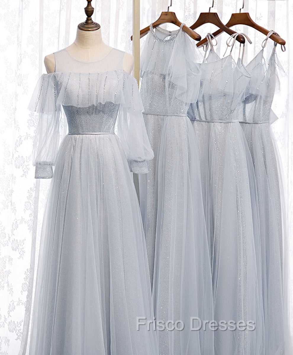 Gray A line Tulle Long Formal Prom Dress, Gray Formal Bridesmaid Dress