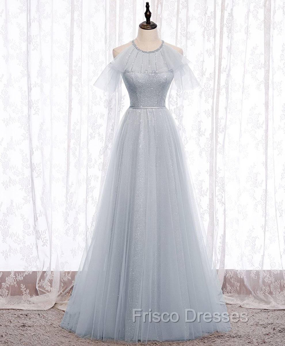 Gray A line Tulle Long Formal Prom Dress, Gray Formal Bridesmaid Dress Main image