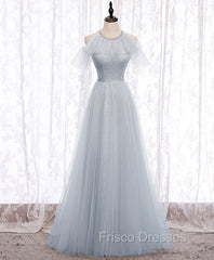 Gray A line Tulle Long Formal Prom Dress, Gray Formal Bridesmaid Dress