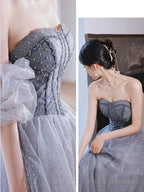 Gray A Line Tulle Long Prom Dress Gray Tulle Formal Dress