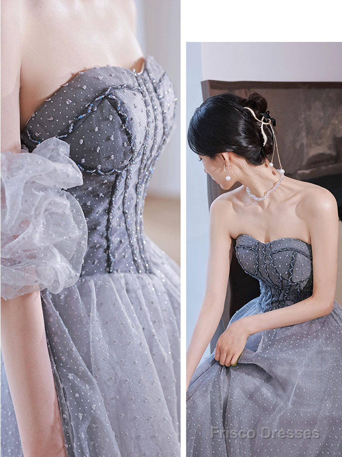 Gray A Line Tulle Long Prom Dress Gray Tulle Formal Dress