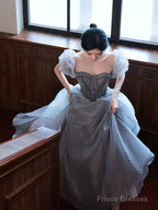 Gray A Line Tulle Long Prom Dress Gray Tulle Formal Dress