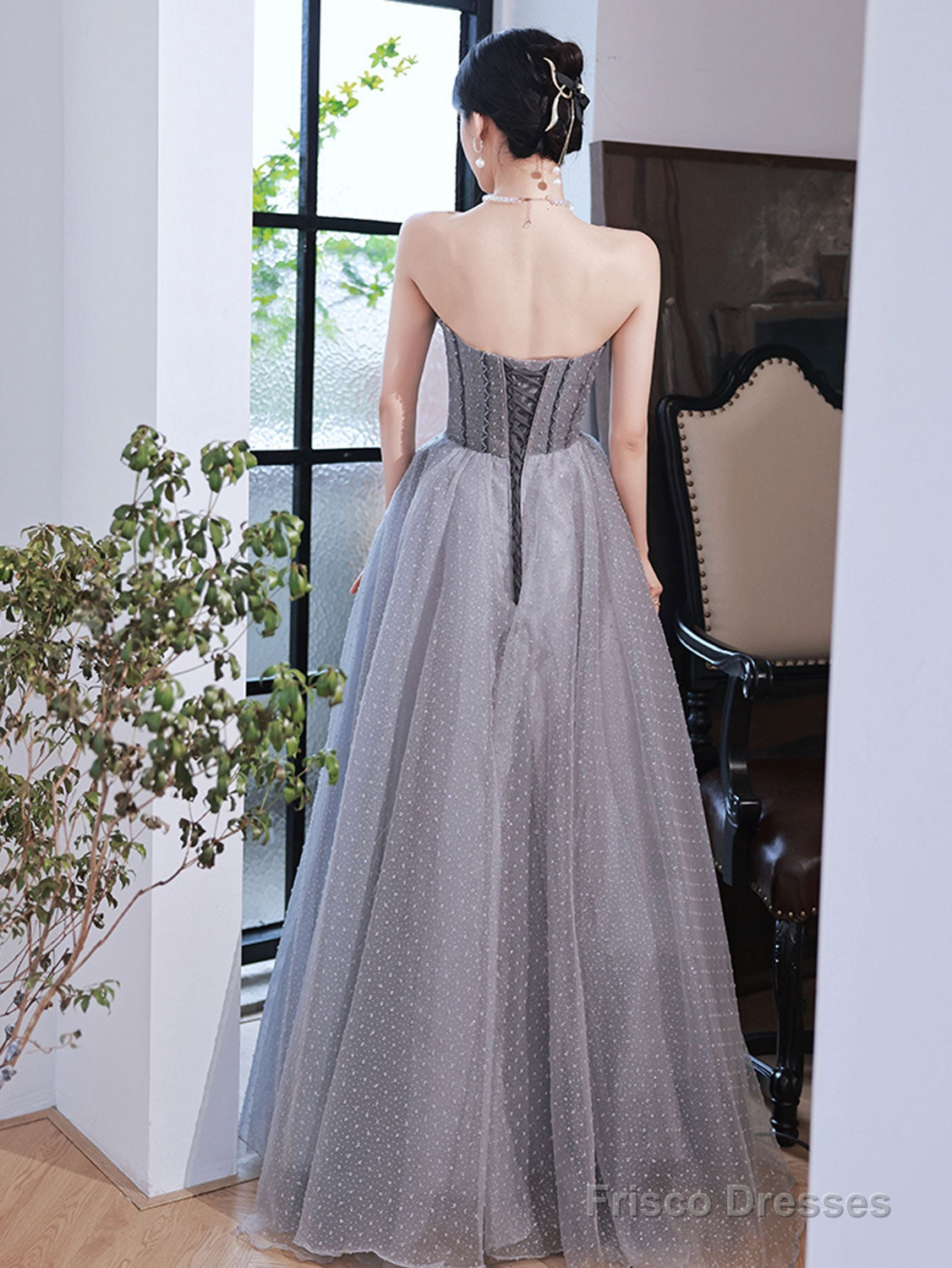 Gray A Line Tulle Long Prom Dress Gray Tulle Formal Dress