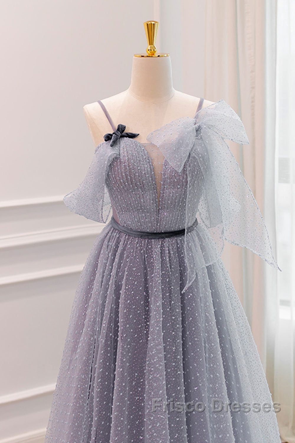 Gray A-Line Tulle Long Formal Prom Dress, Gray Formal Evening Dress