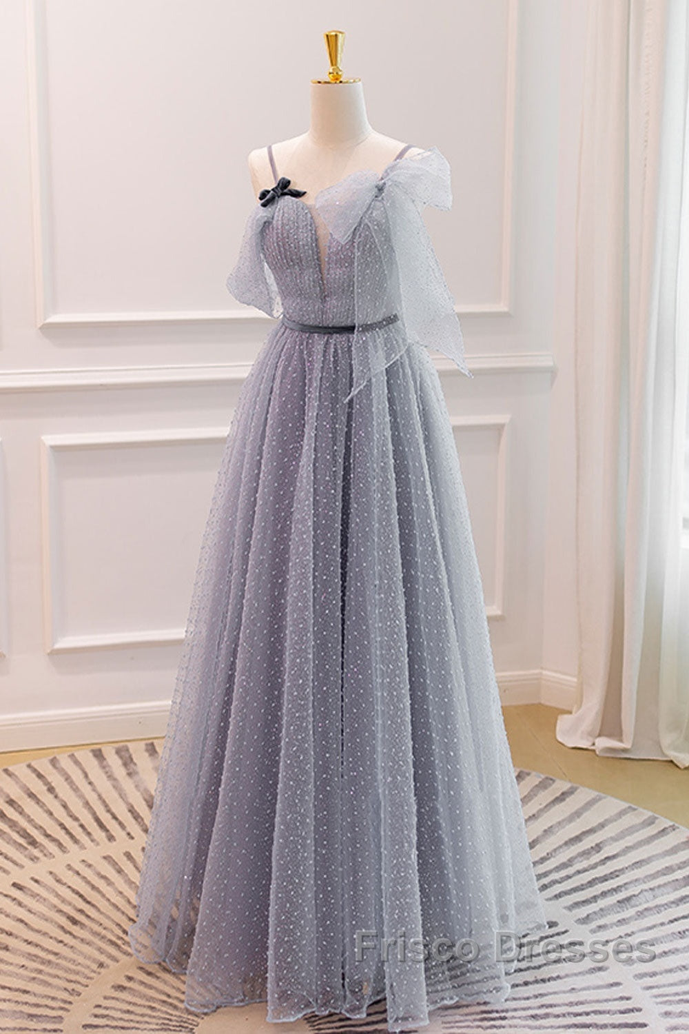 Gray A-Line Tulle Long Formal Prom Dress, Gray Formal Evening Dress